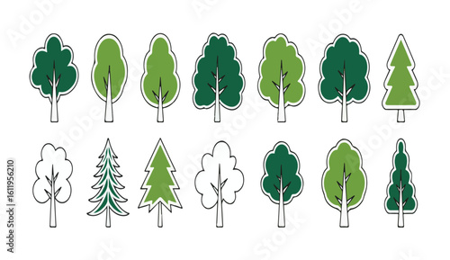 Cartoon Trees Assortment Forest and Woods Diverse Collection of Simple Tree Icons Woodland Scenery Ecology and Nature