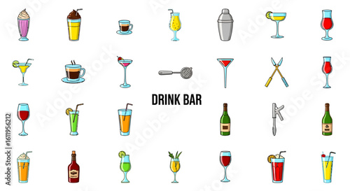 Vector Icons Set of Colorful cartoon icon set of various bar drinks cocktails coffee and bartending equipment. EPS Editable