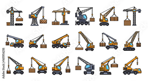 Vector Icons Set of Colorful cartoon icon set of various construction cranes including tower mobile and crawler types lifting wooden crates. EPS Editable