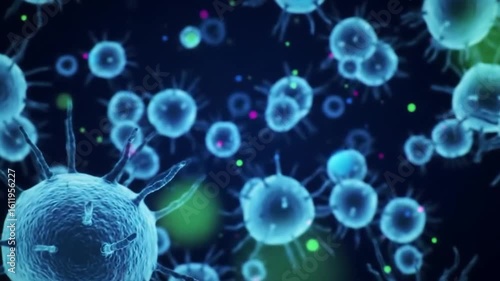 Close-up of numerous microscopic cells, possibly viruses or bacteria, in a dark environment, displaying intricate structures and glowing blue hues