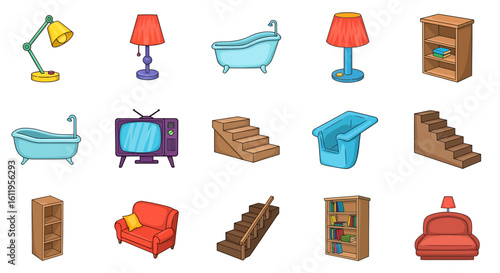 Vector Icons Set of Colorful cartoon interior furniture and home objects set Illustrated collection of lamps sofas bathtubs and bookcases. EPS Editable