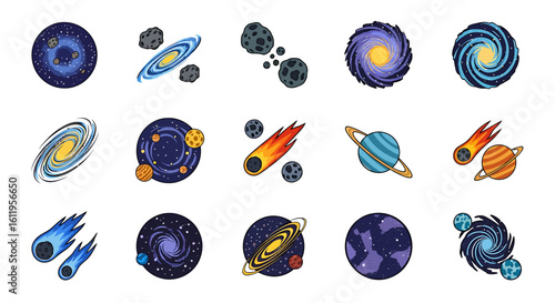Vector Icons Set of Colorful cartoon space icons set with galaxies planets and asteroids A vibrant collection of cosmic illustrations with bold outlines. EPS Editable
