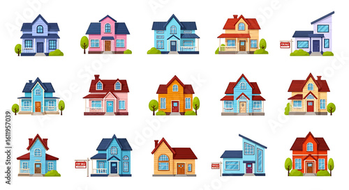 Vector Icons Set of Colorful collection of diverse suburban houses cottages and modern homes with for sale signs. EPS Editable