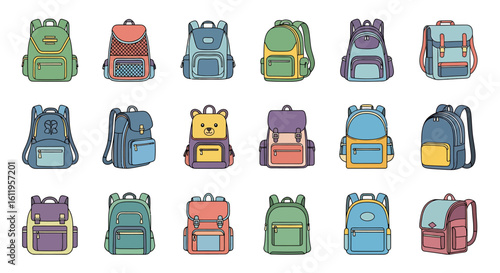 Vector Icons Set of Colorful collection of illustrated school backpacks with bold outlines and various designs. EPS Editable