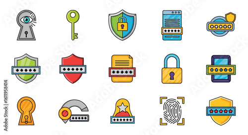 Vector Icons Set of Colorful flat design icon set for cybersecurity password protection and digital authentication concepts. EPS Editable
