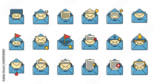 Vector Icons Set of Colorful flat design icon set of open blue envelopes with letters and notification symbols for email messages and alerts. EPS Editable