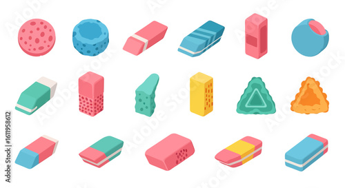 Vector Icons Set of Colorful isometric collection of school rubber erasers in various shapes and styles. EPS Editable