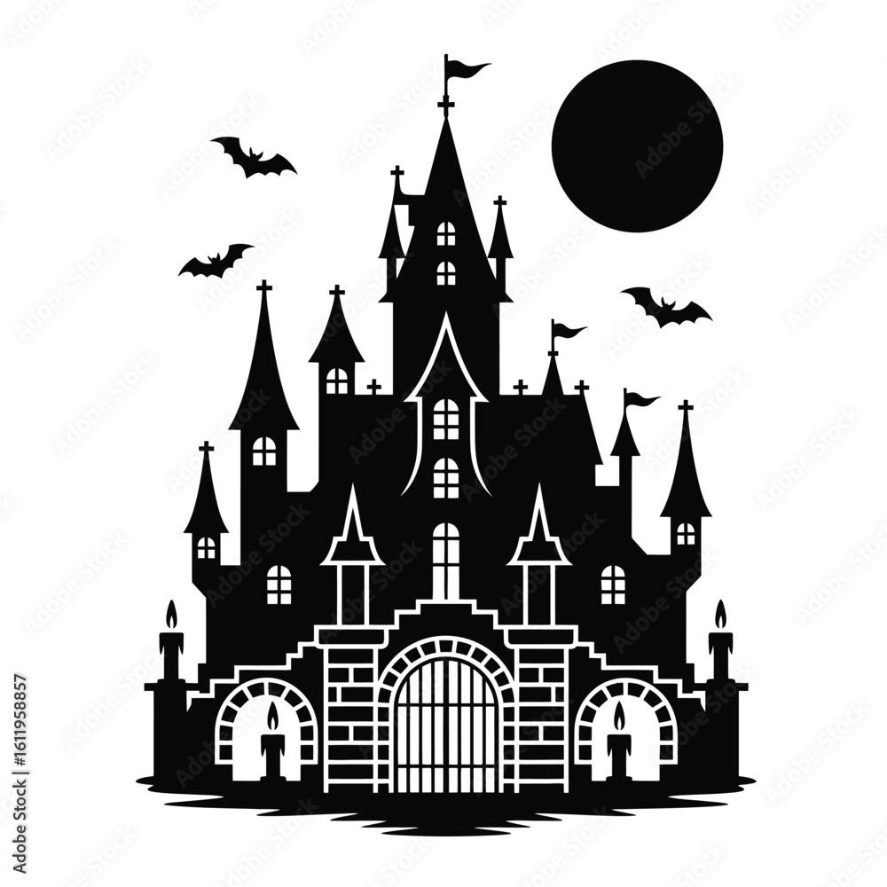 Fototapeta premium Black and white vector pack of Dracula’s castle featuring spires, gates, candles, crypt doors, and moon silhouette in gothic style