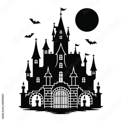 Black and white vector pack of Dracula’s castle featuring spires, gates, candles, crypt doors, and moon silhouette in gothic style