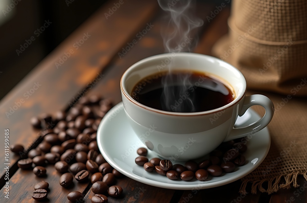 Fototapeta premium Warm Espresso Coffee Drink with Roasted Beans Still Life ai generated