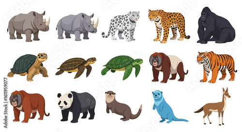 Vector Icons Set of Colorful vector set of various wild animals including mammals and reptiles in a flat cartoon illustration style. EPS Editable