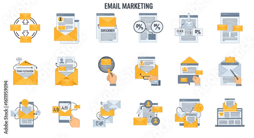 Vector Icons Set of Comprehensive Email Marketing Icon Set Flat Illustrations of Newsletters Analytics and Campaigns. EPS Editable