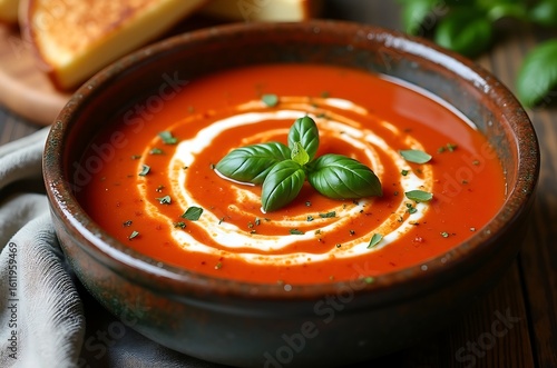 Warm Elegant Vegetarian Tomato Basil Soup Appetizer ai generated