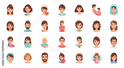 Vector Icons Set of Diverse collection of cartoon people avatars for user profiles Men and women with different hairstyles and expressions. EPS Editable