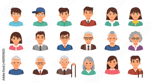 Vector Icons Set of Diverse collection of cartoon people avatars showing different ages Male and female characters from youth to old age representing the human life cycle. EPS Editable
