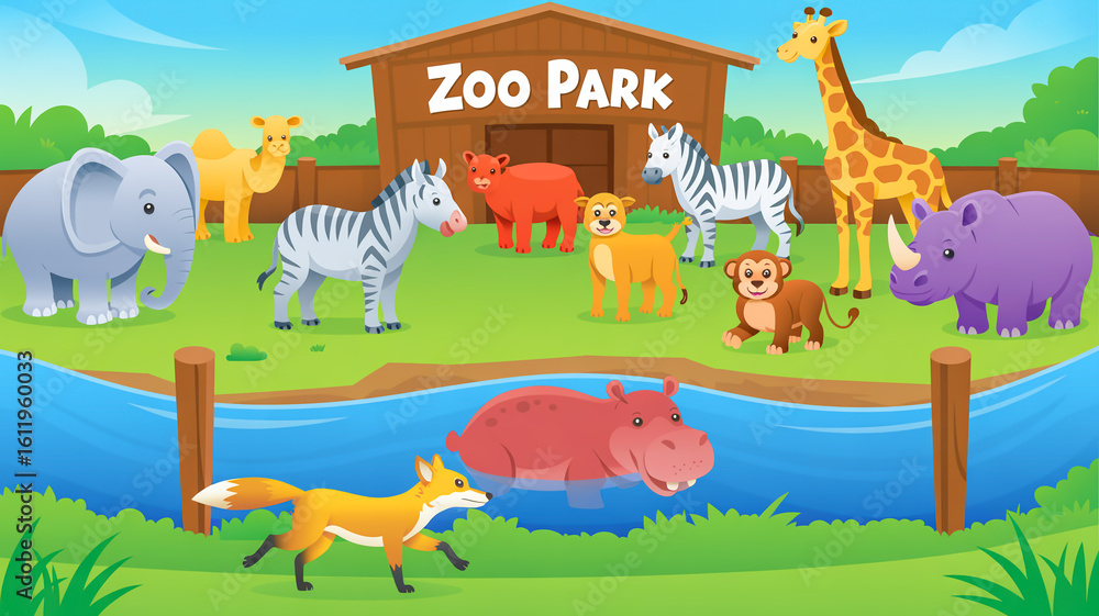 Obraz premium A 3D animated zoo scene with a brown wooden entrance gate displaying ZOO PARK in white text