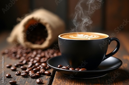 Warm Latte in Black Mug with Coffee Beans and Burlap Sack ai generated