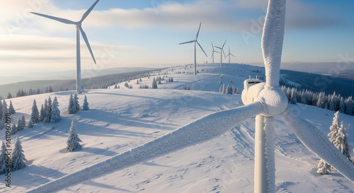 Wind turbines covered in snow and ice