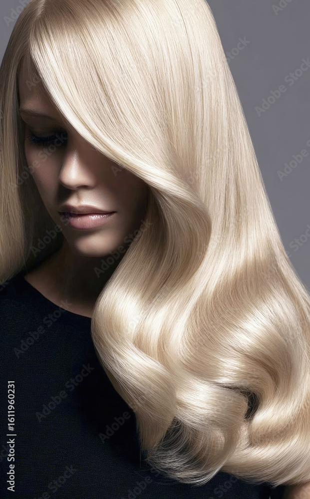 Naklejka premium Close-up of woman with long, shiny, platinum blonde wavy hair styled in soft curls, highlighting beauty, elegance and professional hair care.
