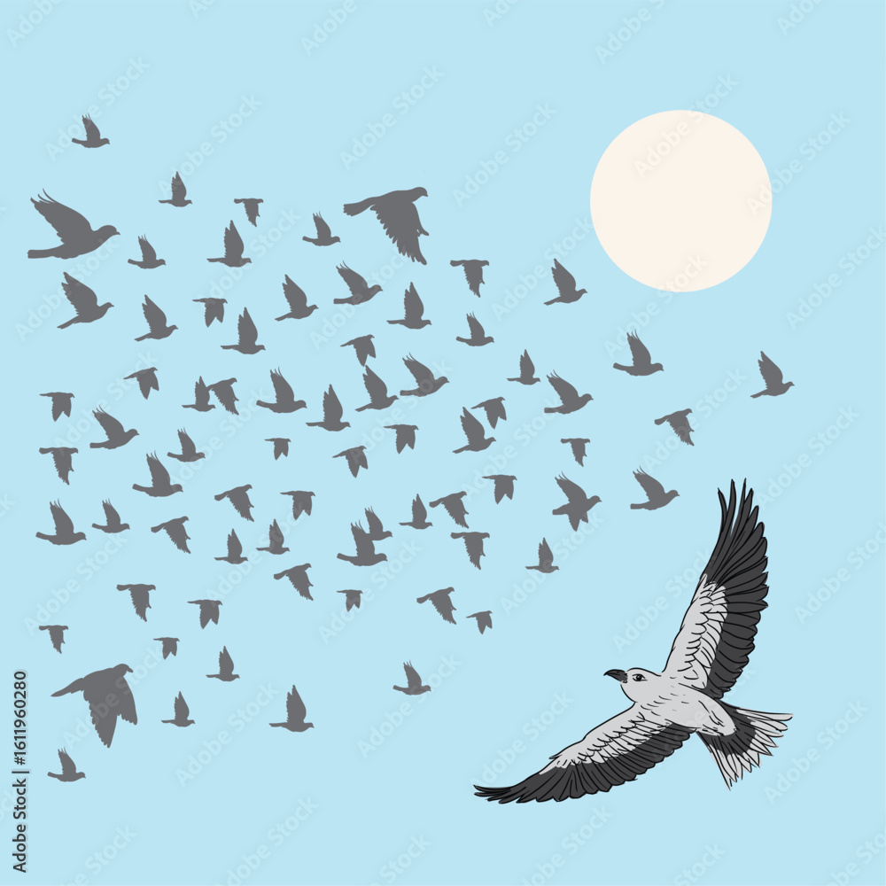 Obraz premium Grey bird flies and flaps its wings. Birds are flying in a wedge formation in the background.