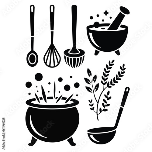 Black and white vector pack of witch’s kitchen tools including bubbling cauldron, stirring spoon, pestle and mortar, herb scissors, and ladle