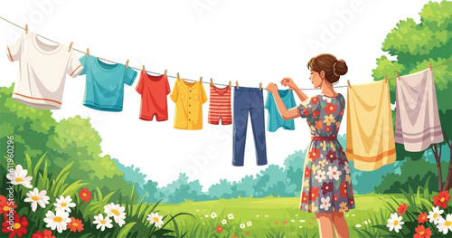 Woman hanging clothes on line in vibrant green garden during sunny day