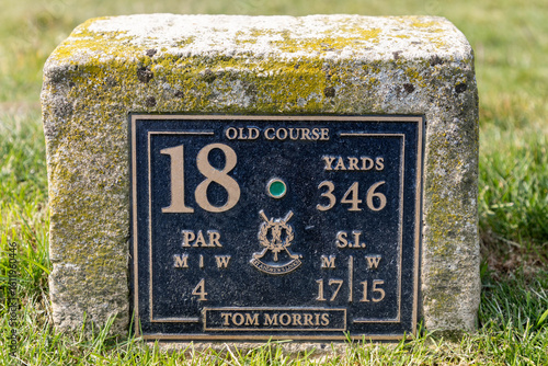 St. Andrews Links - Tee box marker at the golf course in Scotland
