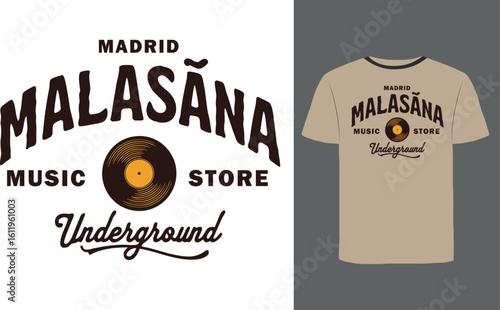 Madrid Malasana Music Store Underground Retro Logo Design For Apparel And Merchandising. Vinyl Record, Urban Culture, Spanish City, Ideal for music enthusiasts and vintage t-shirt fashion.
