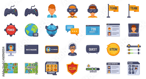 Vector Icons Set of Large set of colorful cartoon video game icons for UI including player avatars quests and controllers. EPS Editable