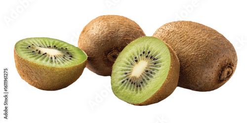 Closeup of three kiwi halves, vibrant green flesh and tiny backdrop