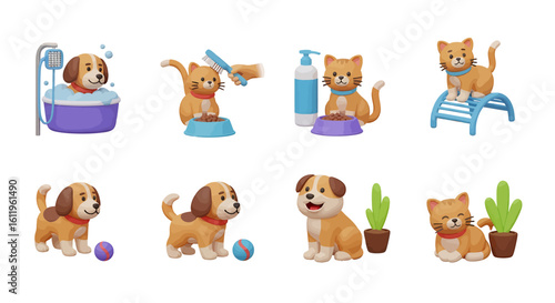 Vector Icons Set of 3D pet care icons with cute cartoon cats and dogs bathing grooming and playing. EPS Editable