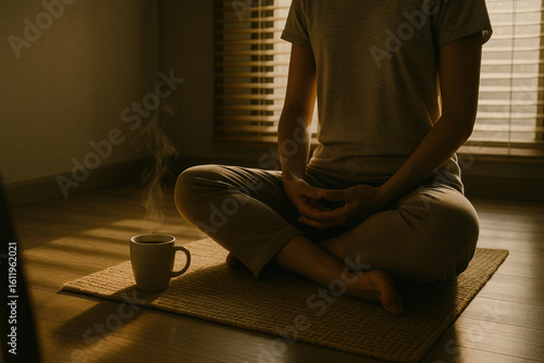 Person meditating in warm morning light with hot coffee nearby, blending mindfulness, peace, and coffee culture in a serene setting.
