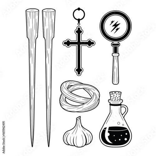 Black and white vector set of vampire hunting tools including wooden stakes, cross, garlic strand, mirror, and holy water flask