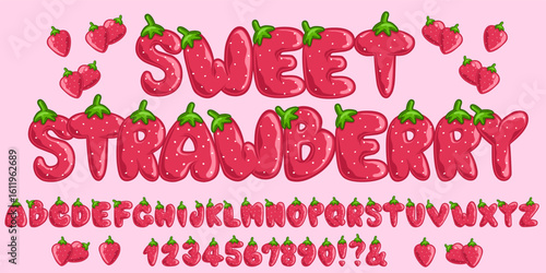 Strawberry Alphabet and Numbers. Cute Fruit Shaped Vector Font Illustration. Strawberry Graffiti Letters.
