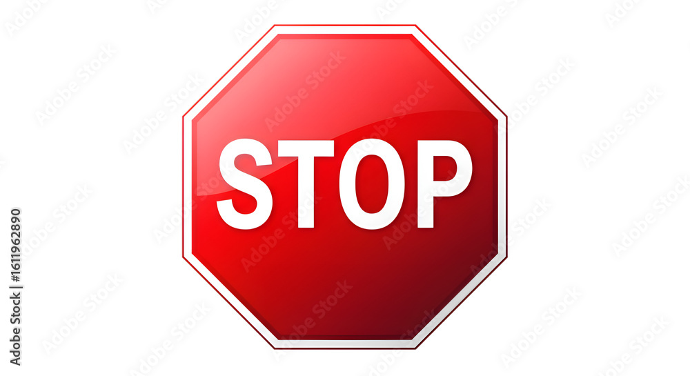 A red stop sign with white lettering, isolated on a white background, indicating a halt or pause. A red stop sign with white lettering, isolated on a white background, indicating a halt or pause.
