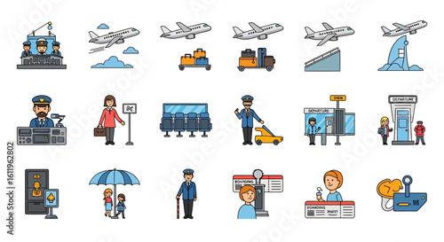 Vector Icons Set of colorful cartoon icons depicting airport scenes travel and aviation elements. EPS Editable