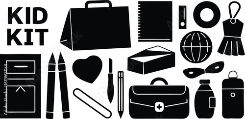 Vector art of a black and white silhouette collection of items for a kids kit, including bags, stationery, and accessories isolated on transparent background.