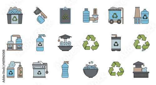 Vector Icons Set of colorful line art icons for plastic recycling and waste management processes Collection of vector symbols for ecology reuse and environmental conservatio. EPS Editable