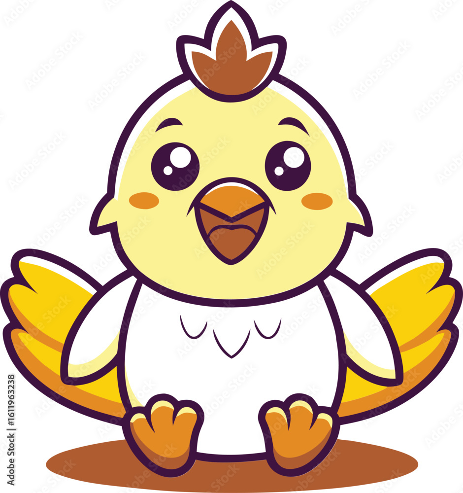 Obraz premium Adorable cartoon baby bird with yellow wings and black body sitting happily with a cheerful expression and rosy cheeks