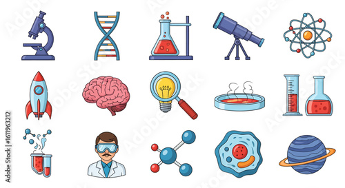 Vector Icons Set of colorful science icons for education research and discovery Includes microscope DNA atom brain rocket and laboratory equipment. EPS Editable