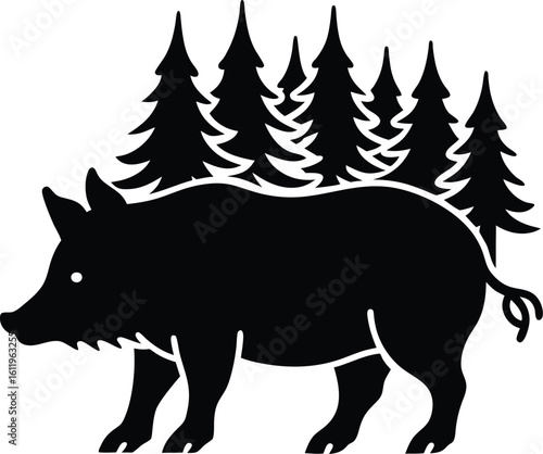 Wild boar silhouette with natural forest elements and trees