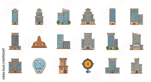 Vector Icons Set of diverse city building and navigation icons in a colorful cartoon style with bold outlines. EPS Editable