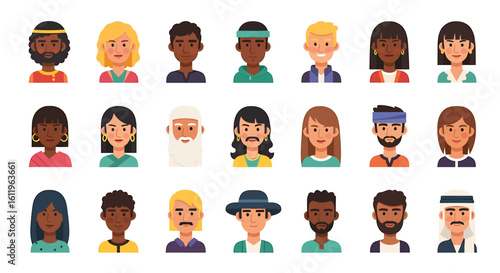 Vector Icons Set of diverse multicultural people avatars in a flat cartoon style showing various ethnicities ages and hairstyles. EPS Editable