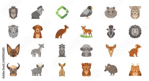 Vector Icons Set of diverse wild animal icons in a flat cartoon style Collection of various mammal and bird characters for design. EPS Editable