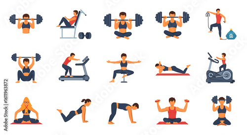 Vector Icons Set of flat icons showing diverse people doing various gym workouts including weightlifting cardio and bodyweight exercises. EPS Editable