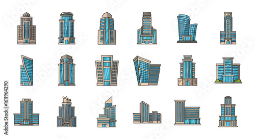 Vector Icons Set of modern city building and skyscraper illustrations with cartoonstyle outlines and blue glass windows. EPS Editable