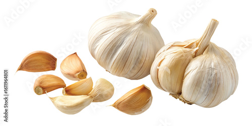 Garlic bulb and cloves isolated on a transparent background