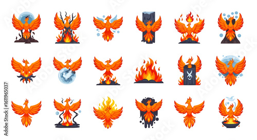 Vector Icons Set of vibrant orange phoenix illustrations mythical firebirds shown in various poses with flames ashes and magical elements. EPS Editable