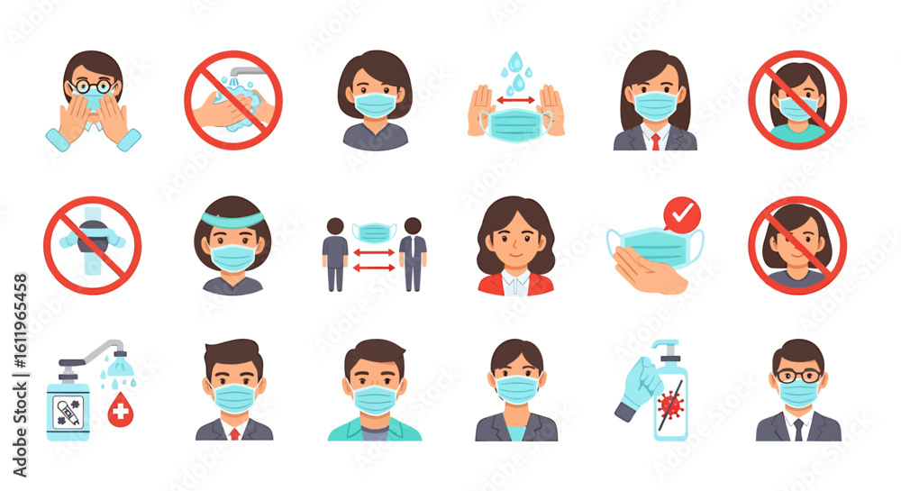 Fototapeta premium Vector Icons Set of Vector icon set for virus prevention and hygiene rules showing face masks hand washing and social distancing. EPS Editable