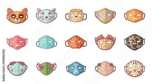 Vector Icons Set of Vector icon set of colorful decorative face masks featuring animal floral and abstract cartoon styles. EPS Editable